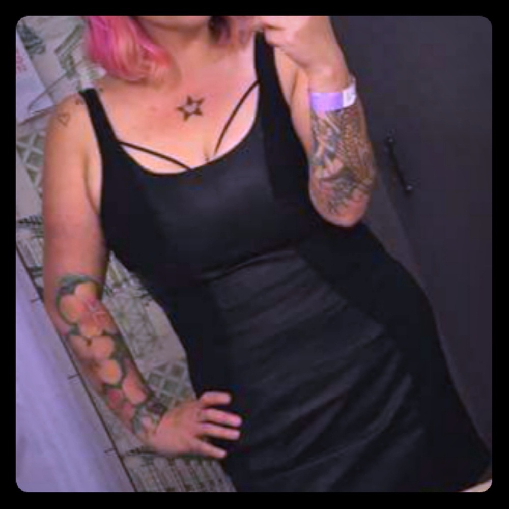 Black stretch dress w/faux leather detail